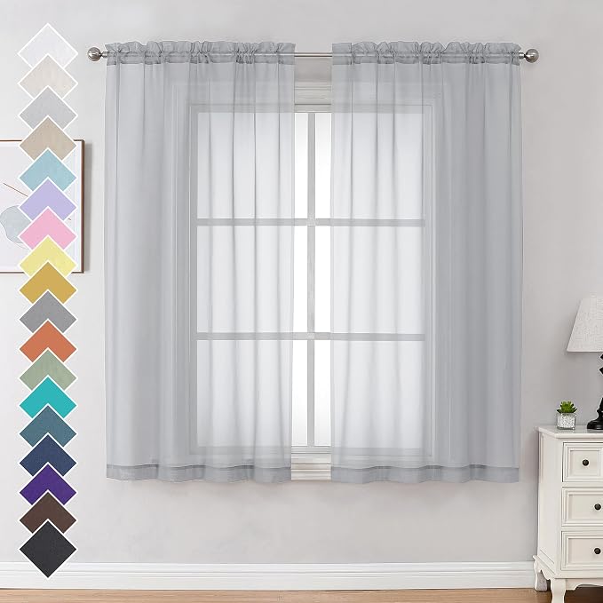 Light Grey Sheer Curtains 63 Inches Long 2 Panels by OVZME
