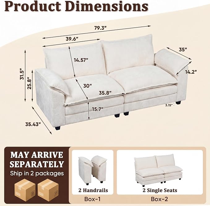 Modern Loveseat Sofa Chenille Cloud Couch - Image 2