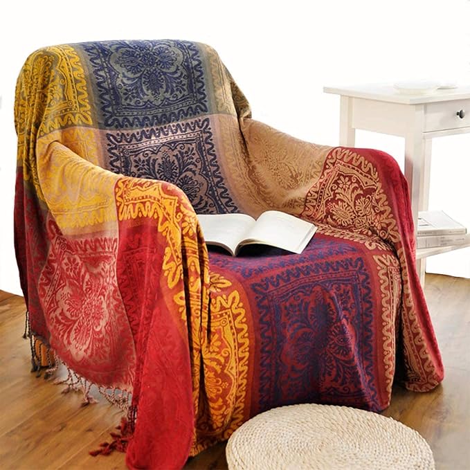 Bohemian Throw Blanket Hippie Chenille Jacquard Tassels Soft Chair Cover by Bofree