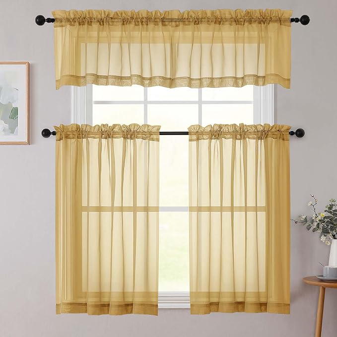 Chyhomenyc Gold Sheer Curtains 30 inch Length 2 Panels, Light Filtering Voile - Image 2
