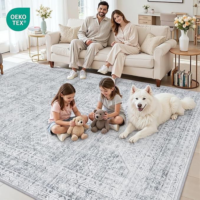 8x10 Area Rugs Living Room: Bedroom Neutral Washable Carpet Gray | Vintage Boho - Image 7