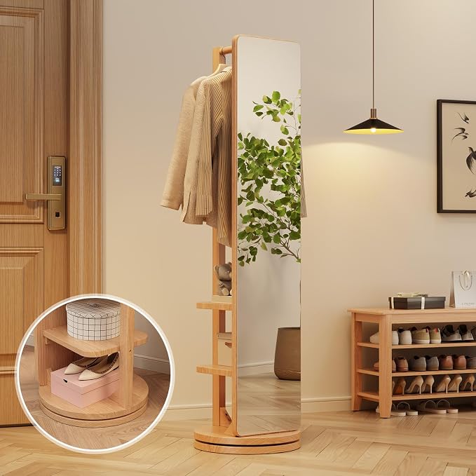 WoodsWhisper Full Length Mirror Coat Rack Solid Wood Floor Mirror 66"x12" Full - Image 2