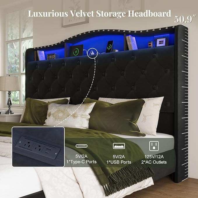 Belffin Queen Size Bed Frame and Headboard, 50.9" Velvet Upholstered Wingback - Image 3