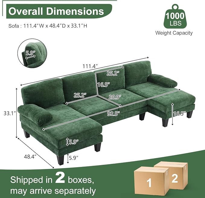 Karl home 111" Sectional Sofa U-Shaped 4-Seat Couch - Image 2