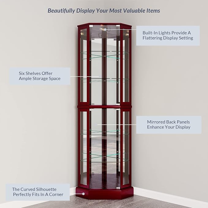 BELLEZE Lighted Corner Display Curio Cabinet Wooden Curved Shelving Unit - Image 5