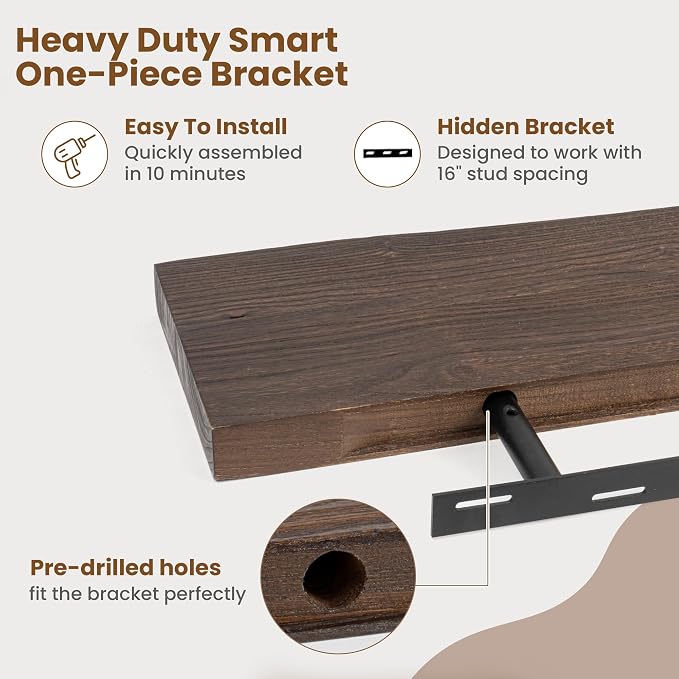 Floating Shelves for Wall Decor, Rustic Solid Elm Wood Live Edge Floating - Image 6