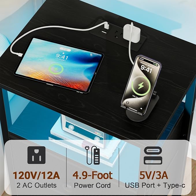 LOAKEKEL LED Night Stand with Charging Station, Small Bedside Table with USB - Image 4