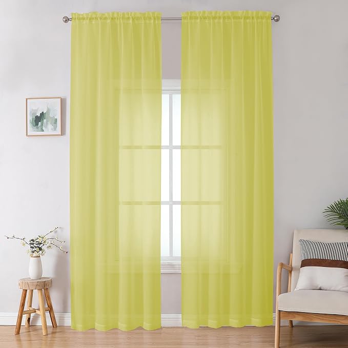 Lemon Sheer Curtains for Bedroom Living Room 96 Inches Long 2 Panels Set by OWENIE