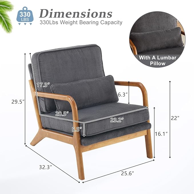 VINGLI Upgraded Premium Corduroy Accent Chair, Upholstered Arm Chair, Solid - Image 2