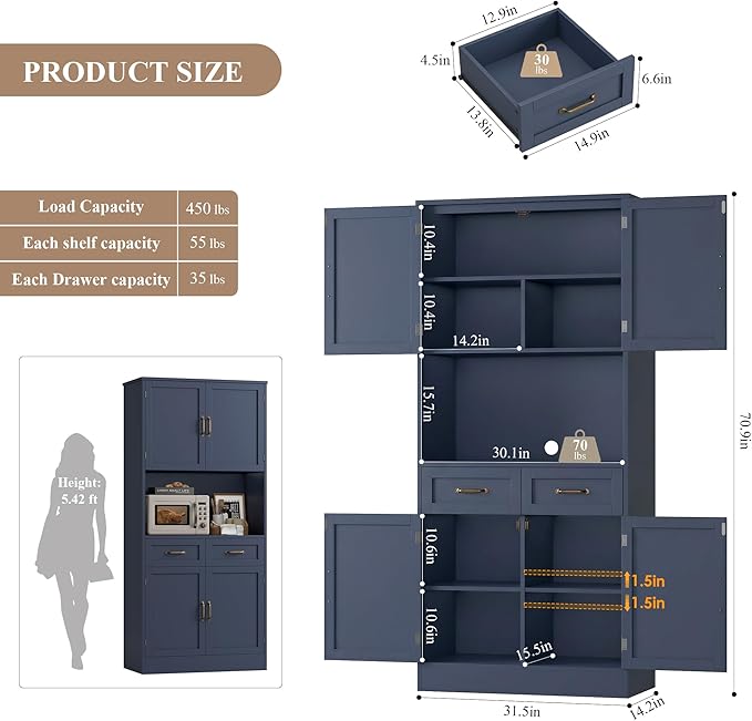 HOSTACK 71“ Tall Kitchen Pantry Storage Cabinet, Modern Kitchen Hutch Bar - Image 3