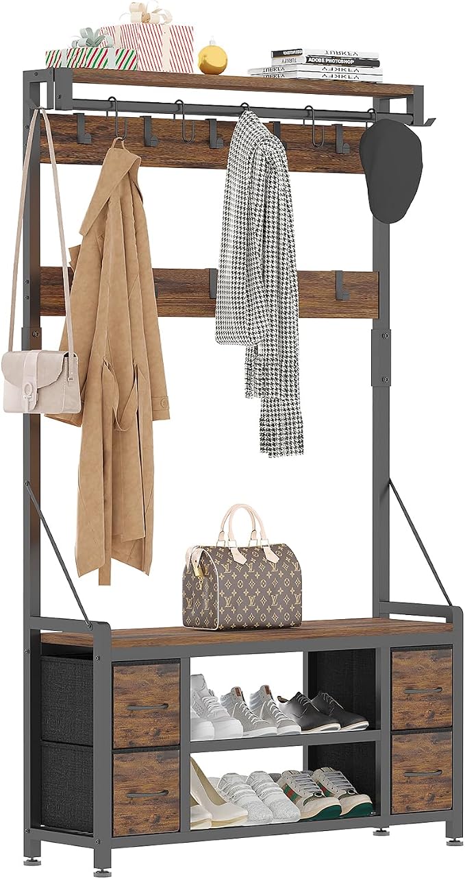39" Hall Tree with Storage Coat Rack freestanding Entryway Furniture Bench - Image 7