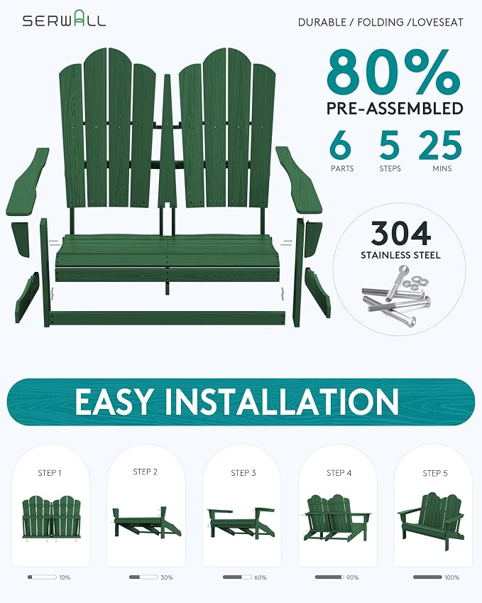 SERWALL 3 Pieces Patio Adirondack Bench Set, 2 Folding Adirondack Bench & 1 - Image 9