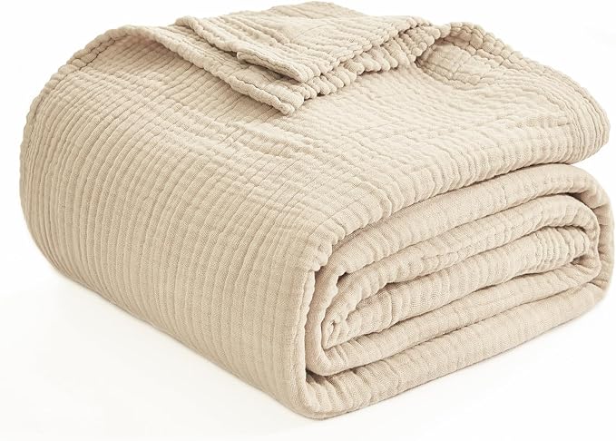 EMME Cotton Blanket Queen Size for Bed Soft Muslin Bed Blankets 90"x90" Beige - Image 9