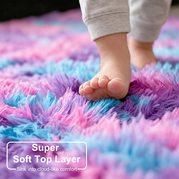 Amdrebio Pink Blue Purple Fluffy Large Round Rug 6Ft - Image 4