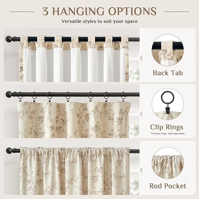 Extra Long Floral Linen Curtains Taupe on Beige 50×108 2 Panels | Elisa Series - Image 8