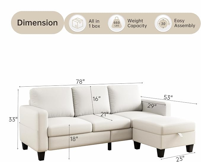 78" Sectional Sofa Couches for Living Room, Deep Seat Pet-Friendly Linen Fabric - Image 2
