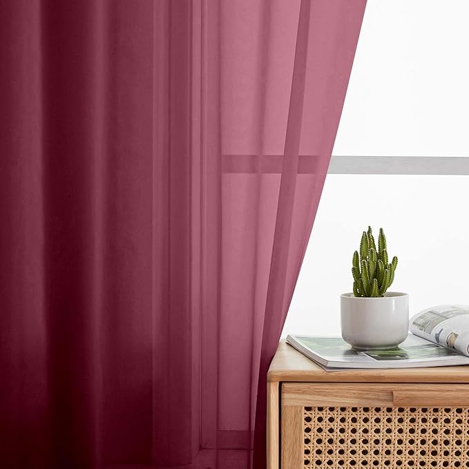Kitchen Curtains 24 Inch Length Tier 2 Pieces, Burgundy Sheer Curtain Solid - Image 6