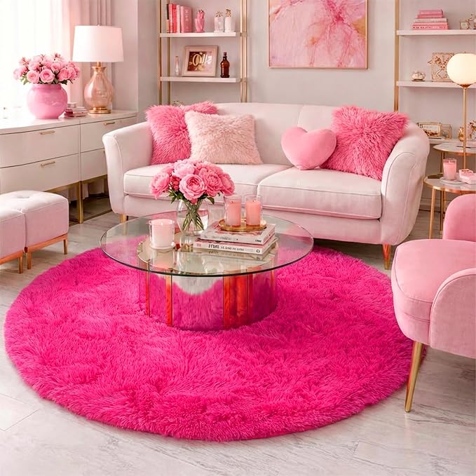 Amdrebio Hot Pink Fluffy Round Rug 4Ft - Image 3