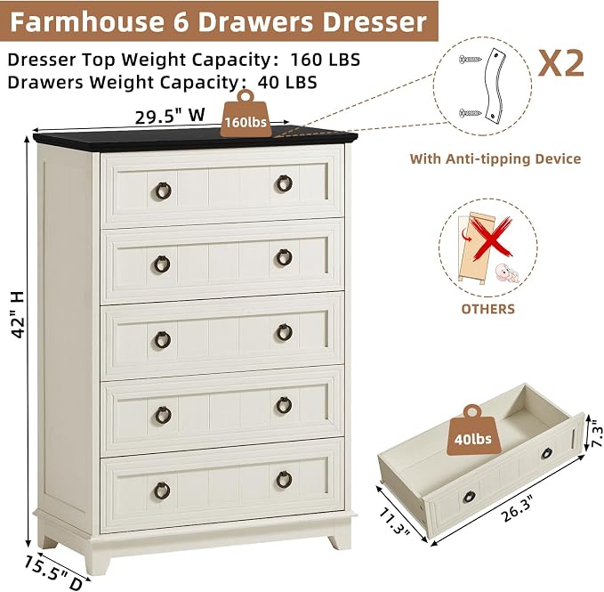 Joaxswe Farmhouse 5 Drawer Dresser - Image 2