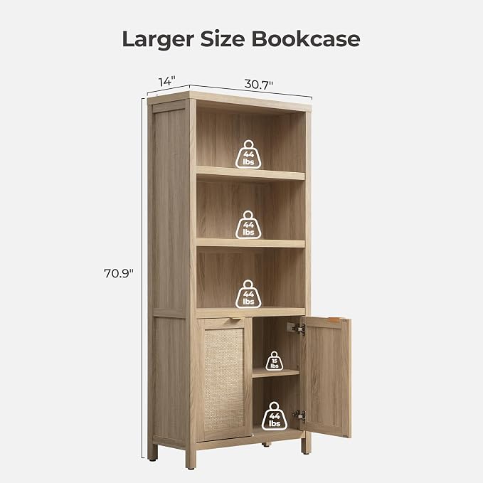 SICOTAS Bookcase 71" Tall Bookshelf 5 Tier Rattan Boho Bookcase - Image 2