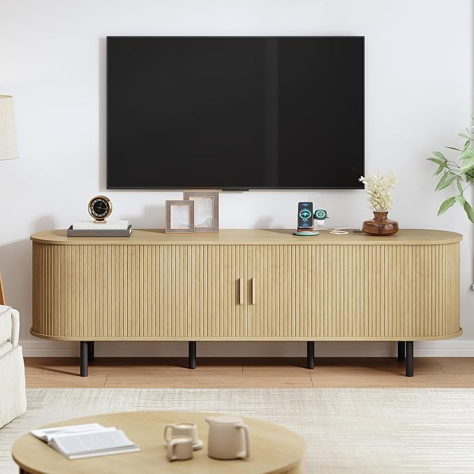70.8" TV Stand with Power Outlet, Mid-Century Modern Television Stand, Fluted - Image 7