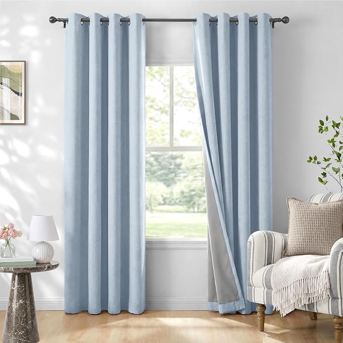 100% Blackout Linen Textured Curtains 63 Inch Long, Chambray Blue | 100% by 100BlackoutShield