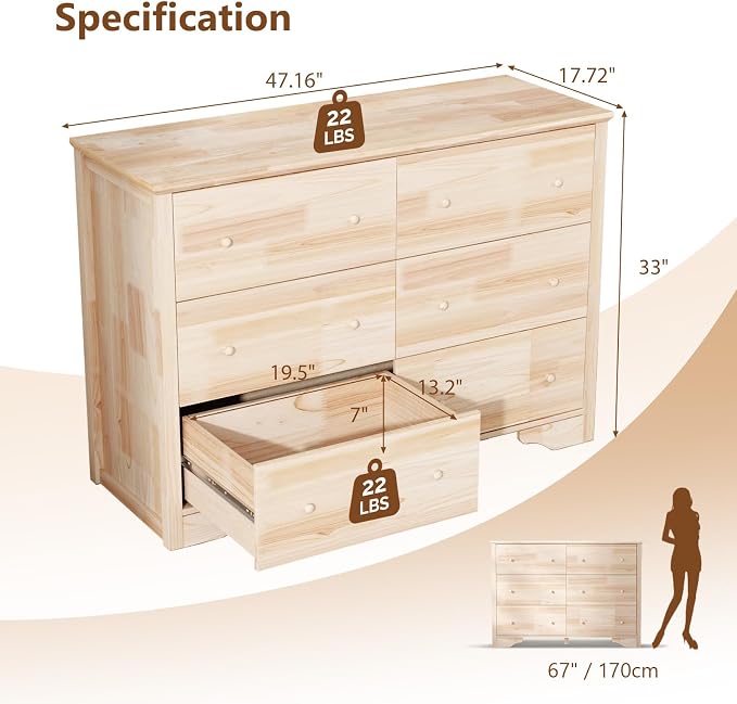 VINGLI 6 Drawer Dresser with Unfinished Solid Wood - Image 2