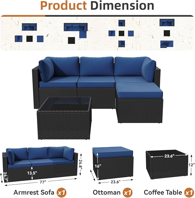 Aoxun Outdoor Patio Furniture Set, 5-Pieces All-Weather Rattan Sectional Sofa - Image 2