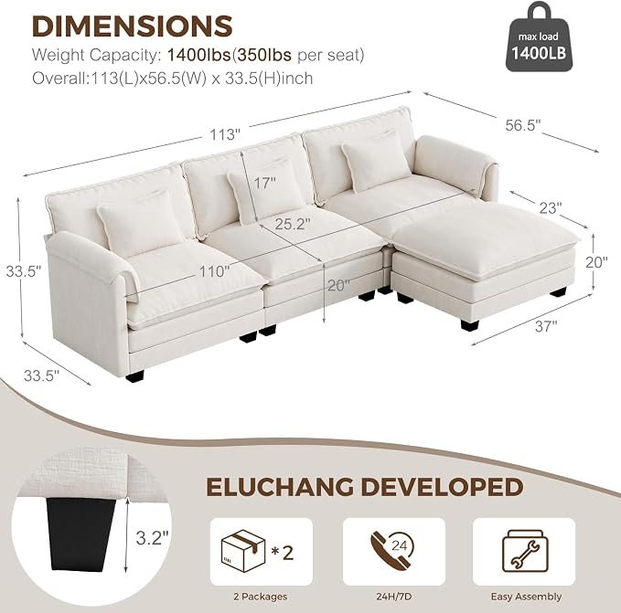 ELUCHANG 113'' Modular Sectional Cloud Couch, Modern Comfy Chenille L Shaped - Image 2