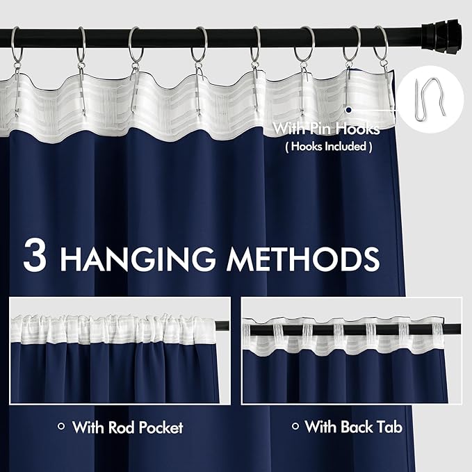 MIULEE Navy Blue Back Tab Blackout Curtains 52x102 Inch Long 2 Panels Set | Rod - Image 3