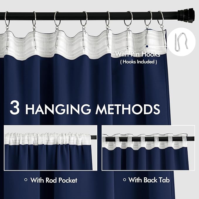 MIULEE Navy Blue Back Tab Blackout Curtains 52x120 Inch Long 2 Panels Set | Rod - Image 3