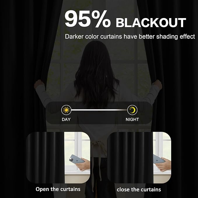 80 Inch Wide Black Pinch Pleated Curtains 80 x 102, Thermal Insulated Noise - Image 3