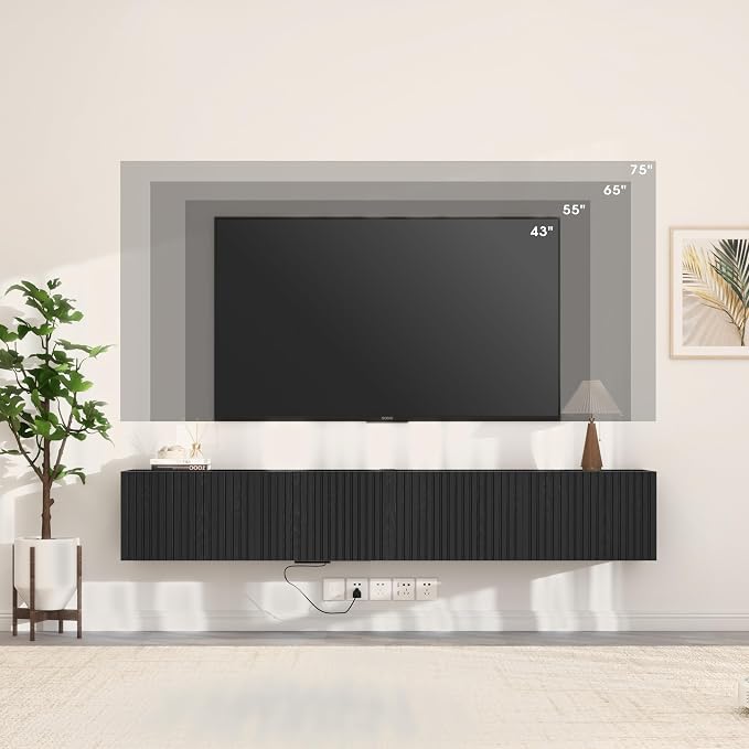 71” Floating TV Stand with LED Lights & Charging Station, Floating Media - Image 7