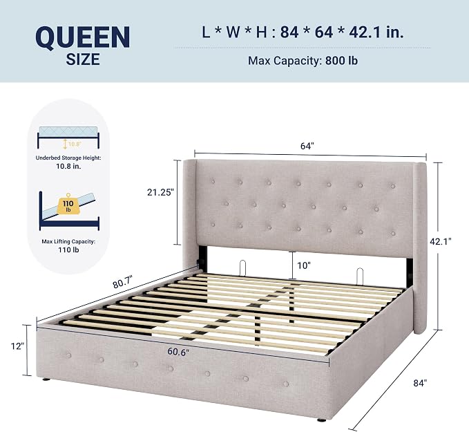 Allewie Queen Size Lift Up Storage Bed, Button Tufted Headboard - Image 2