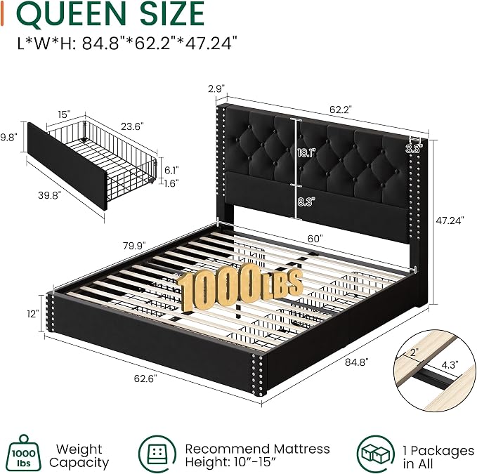 LARMACE Queen Size Platform Bed Frame - Image 2
