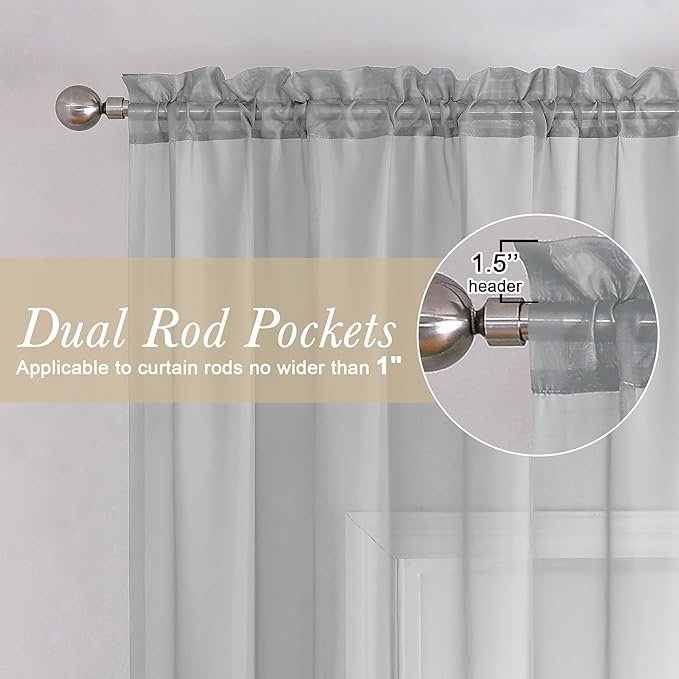 Living Room Light Grey Sheer Curtains 72 Inch Long 2 Panels, Lightweight Solid - Image 2
