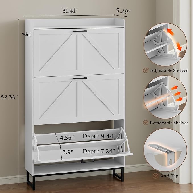 BORNOON Shoe Cabinet with 3 Flip Drawers Narrow Shoe Storage Cabinet Organizer - Image 2