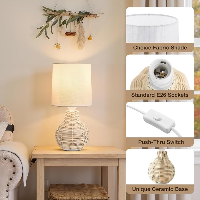EJIAXIN Rattan Table Lamp Boho Lamps Set of 2-12.5" Mini Farmhouse Wicker Light - Image 5