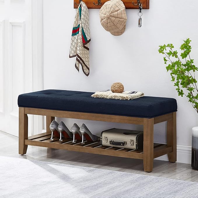 24KF Large Rectangular Upholstered Tufted Linen Fabric Ottoman Bench, Padded - Image 3