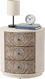 HOMPUS Round End Table with Carved Floral Pattern, Vintage Nightstand w 3 - Image 11