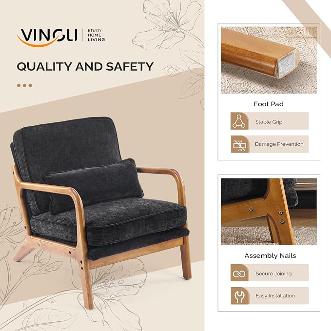 VINGLI Chenille Mid-Century Modern Accent Chair Set of 2, Cute Reading Arm Chair - Image 5