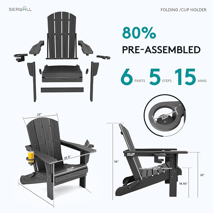 SERWALL Foldable Adirondack Chair Set of 6, HDPE Adirondack Chair - Image 7