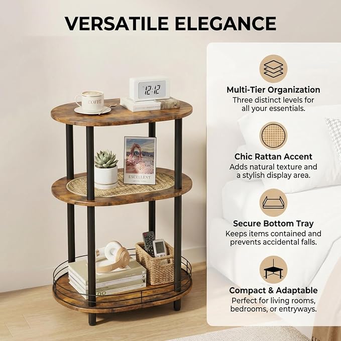 Small Rattan Side Table with Storage, 3 Tier Round/Oval End Table with Rattan - Image 4