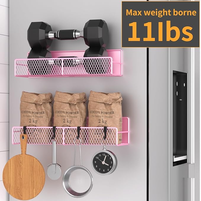 Magnetic Spice Rack for Refrigerator, 2 Pack Metal Magnetic Shelf Pink - Image 4
