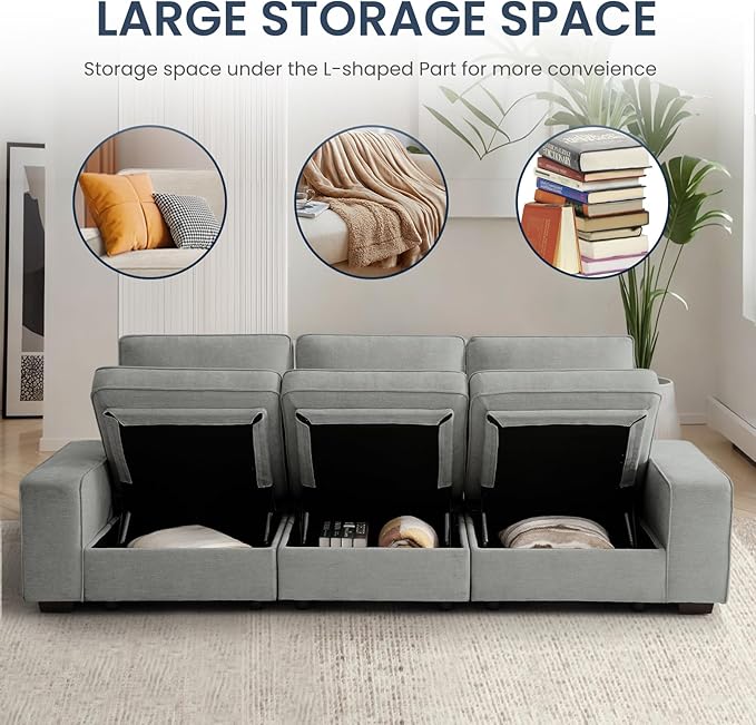 TEKAMON 100" Modular Sofa with Seats Storage, Comfy 3-Seater Chenille Fabric - Image 3