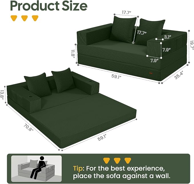 COMAX Futon Sofa Bed, 4‑in‑1 Convertible Sofa Bed, Folding Boneless Couches - Image 2