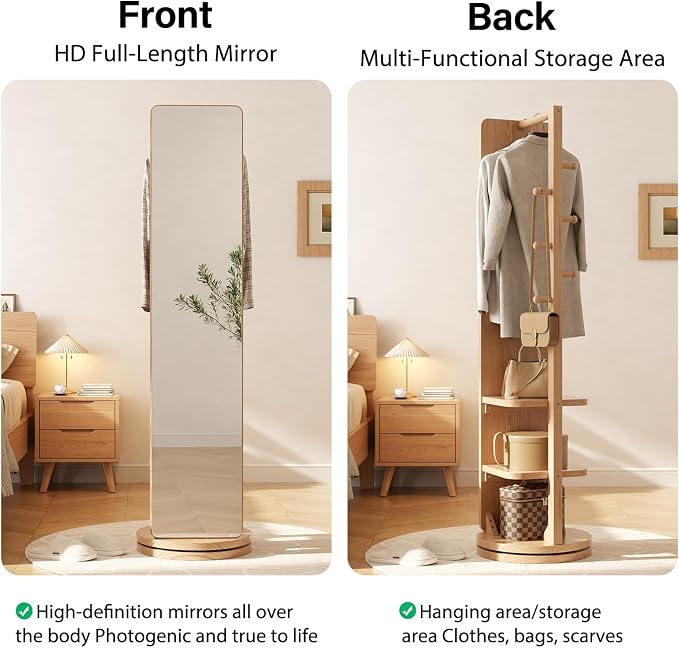 WoodsWhisper Full Length Mirror Coat Rack Solid Wood Floor Mirror 70"x16" Full - Image 7
