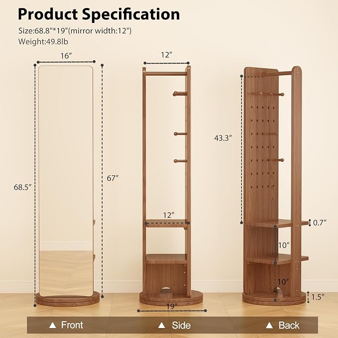 WoodsWhisper Full Length Mirror Coat Rack Solid Wood Floor Mirror 66"x12" Full - Image 2