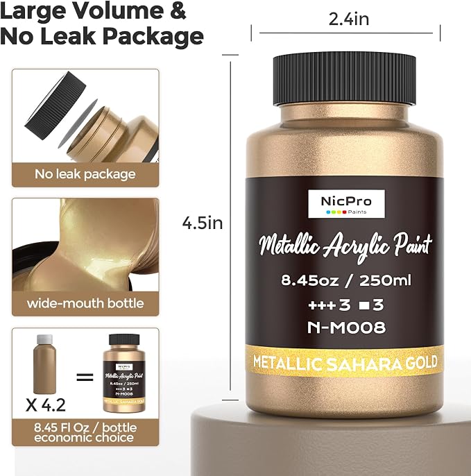 Nicpro Metallic Sahara Gold Acrylic Paint, 8.45oz/250ml Large Gold Leaf Paint - Image 3