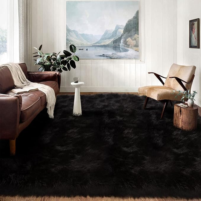 Latepis Black Faux Fur 8'10"x11'10" Area Rug, Soft Plush Faux Fur Sheepskin Rugs by Latepis